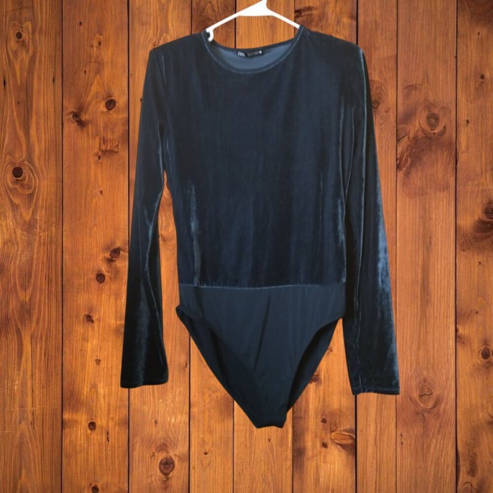 Zara Velvet Long Sleeve Crewneck Trendy Stretchy Bodysuit Size Large